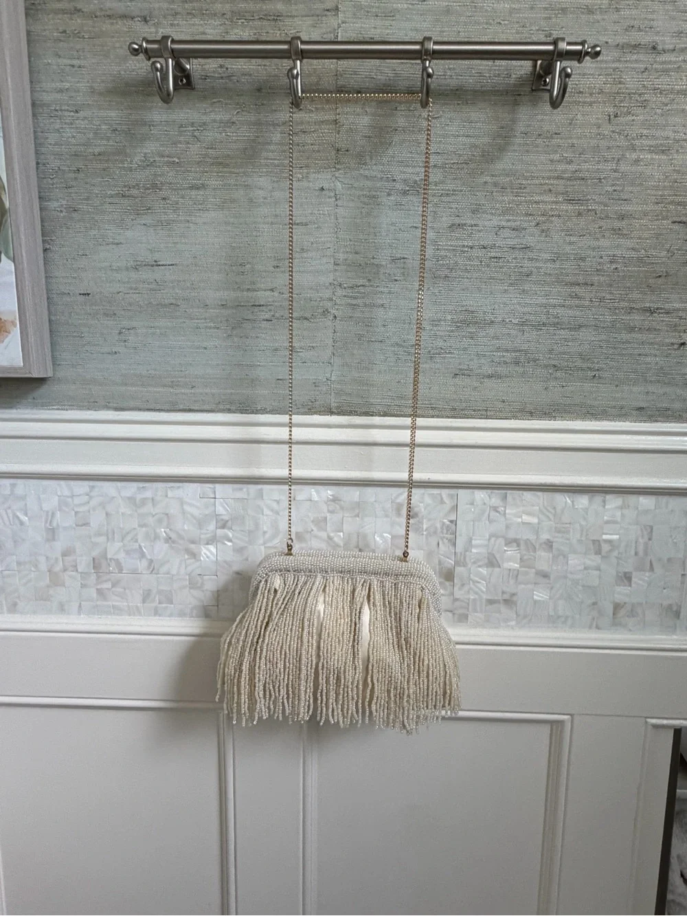 NWOT new beaded long Fringe clutch crossbody bag chain white cream wedding